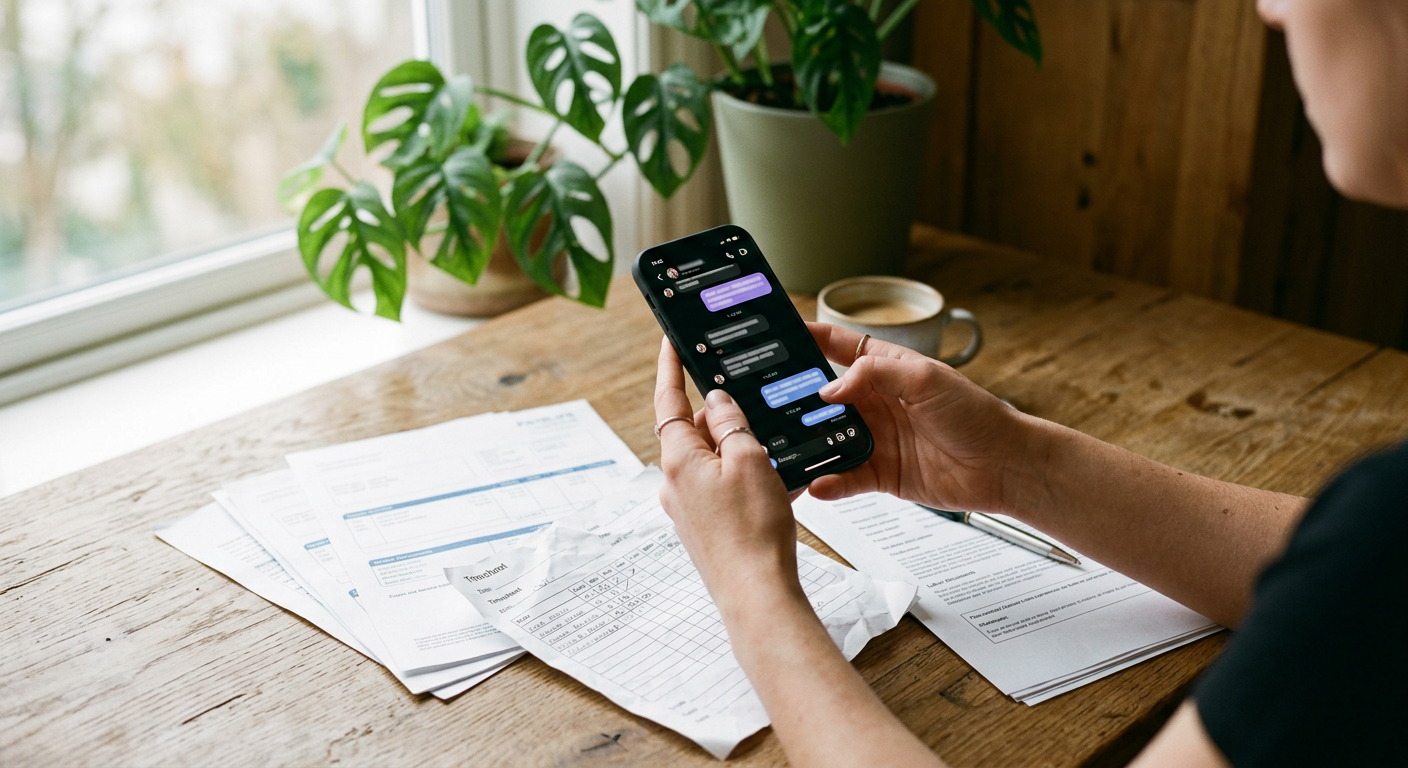 Mãos segurando um celular com uma conversa aberta, ao lado de holerites e documentos de trabalho